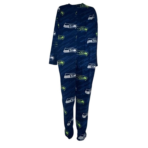 NFL Team Apparel Seattle Seahawks Pajamas Mens L Unionsuit PJs Footies Blue - Picture 6 of 10